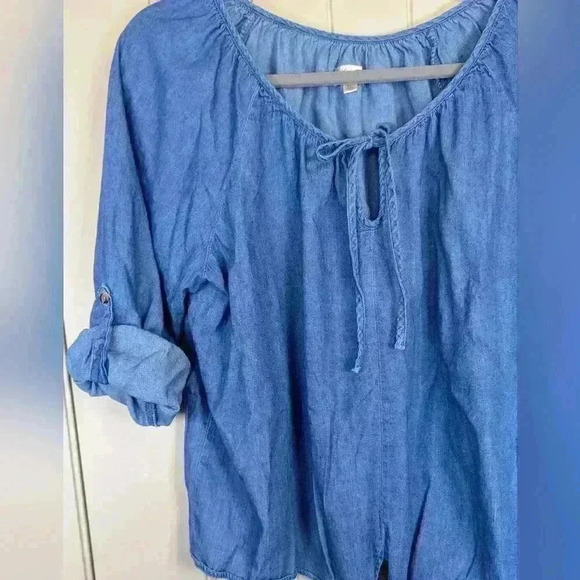 K.I.T Tie Front 100% Cotton Chambray Top Indigo Roll Tab Long Sleeves XL - Picture 2 of 9